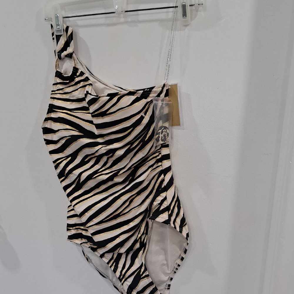Michael Kors  Zebra-Striped One-Piece Swimsuit in Black, Cream & Gold